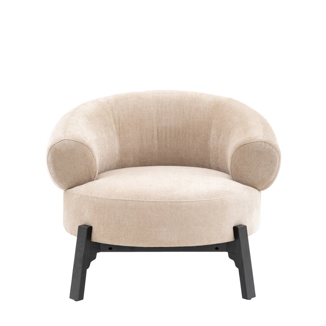 Beige armchair with black legs on a white background front view