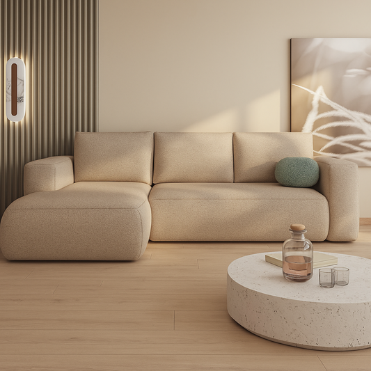 Beige L-Shape Modern Boucle Corner Sofa, Set in a modern home.