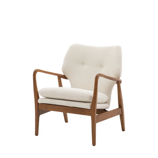 Beige armchair with wooden frame on a white background