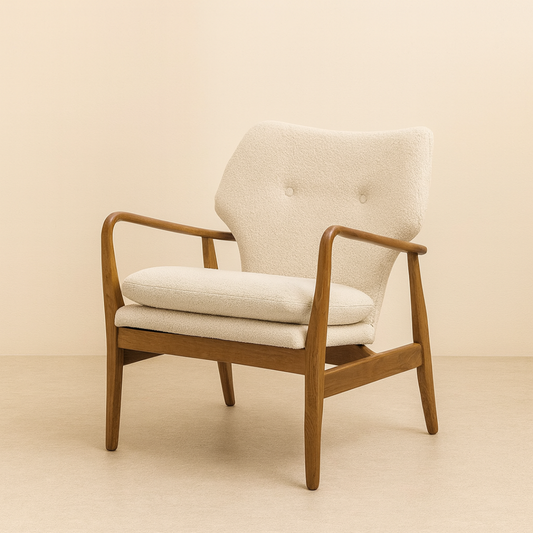 Wooden armchair with beige cushion on a beige background