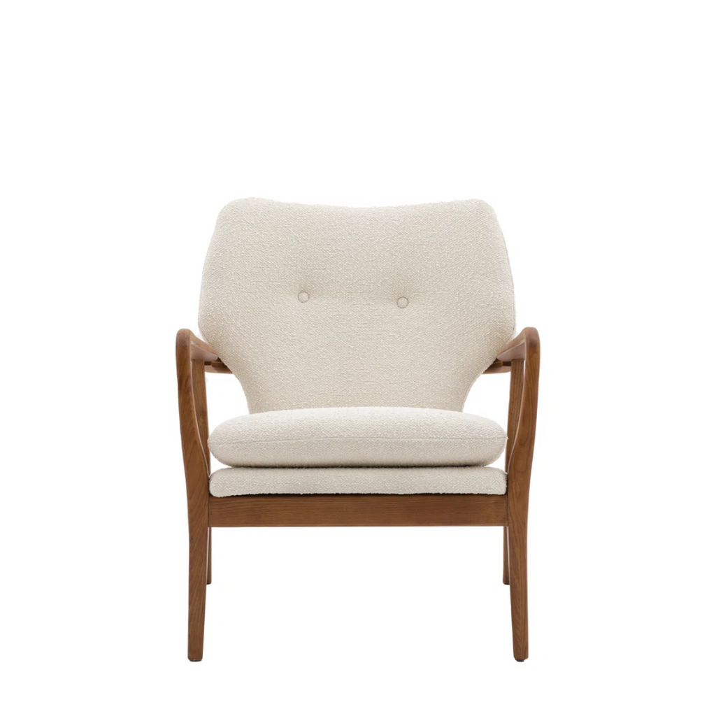 front view Beige armchair with wooden frame on a white background