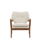 front view Beige armchair with wooden frame on a white background