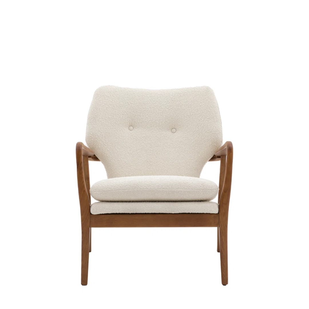 front view Beige armchair with wooden frame on a white background