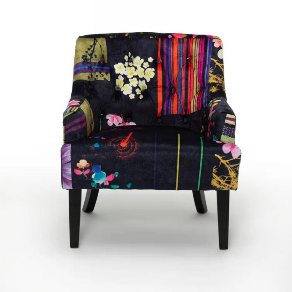 Black Accent Patchwork Armchair, front view.