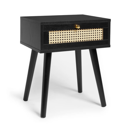 Black Bedside Rattan Table, white background.