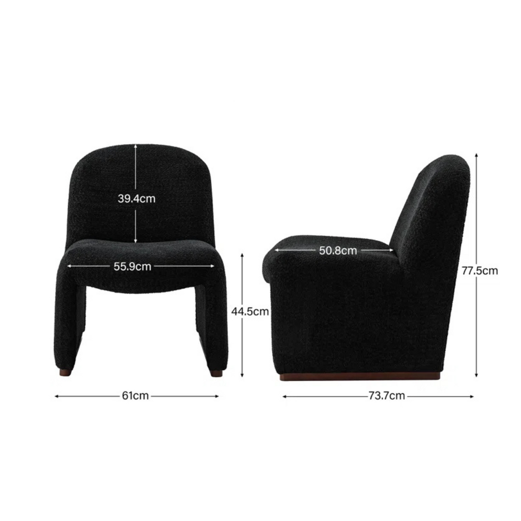 black boucle funky accent chair with curved design, dimensions.