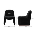 black boucle funky accent chair with curved design, dimensions.