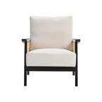 black indoor rattan armchair with curved open weave design, white background, front view.