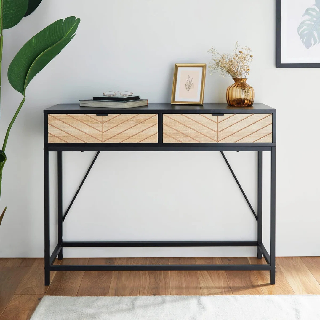 Black Modern Console Table, set in a model home.