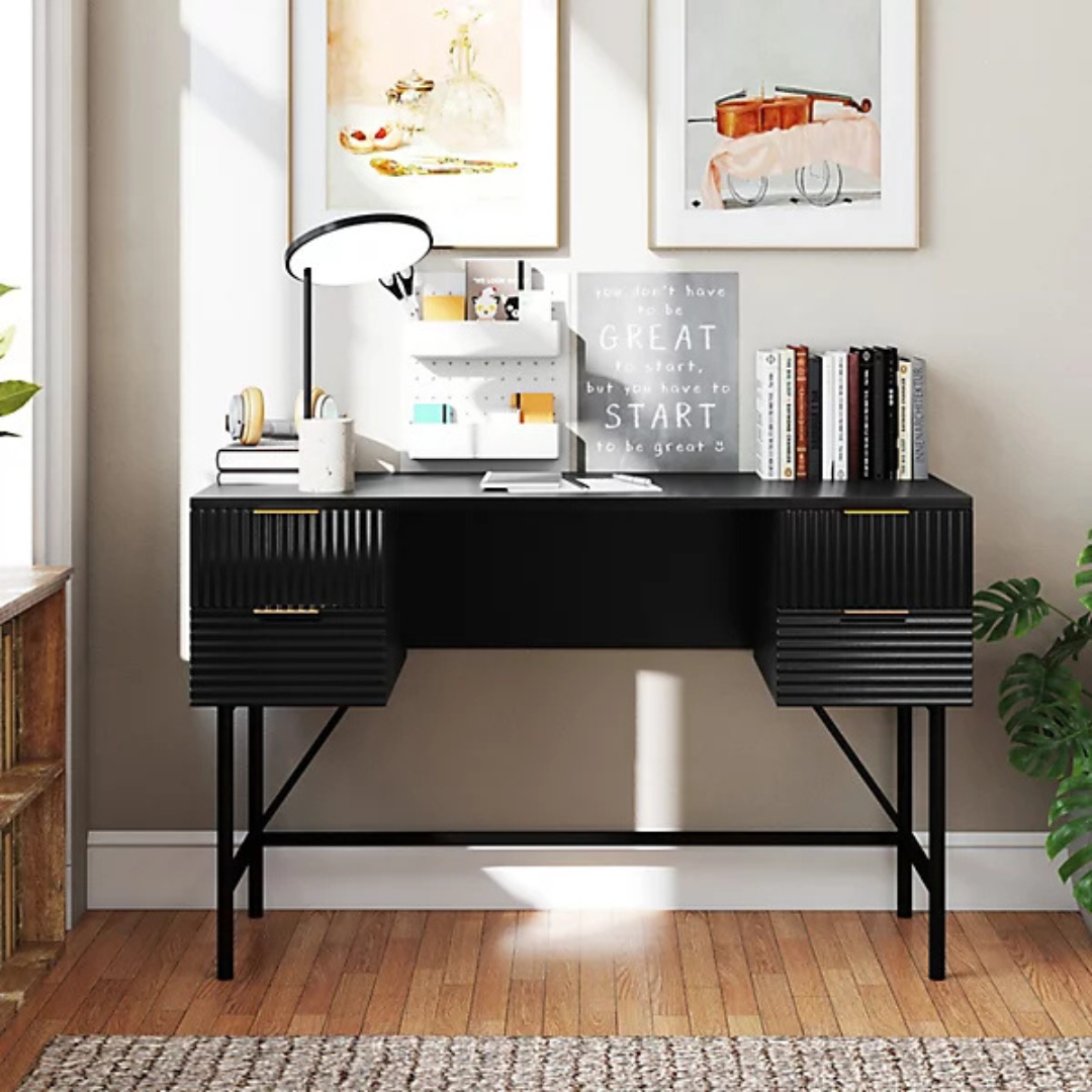 Black Modern Home Office Desk, set in a model home front view.