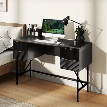 Black Modern Home Office Desk, set in a model home, angled view.