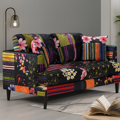 Black Multi Coloured Two Seater Patchwork Sofa, set in a modern home.