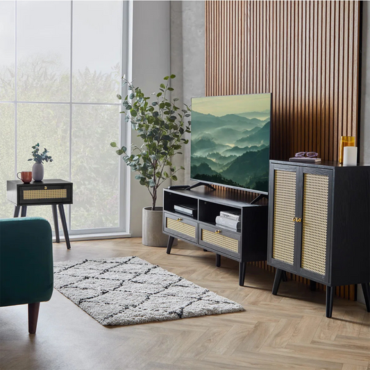 Black Rattan TV Cabinet, with the Rattan Black Cabinet Sideboard and side table, set in a modern home.