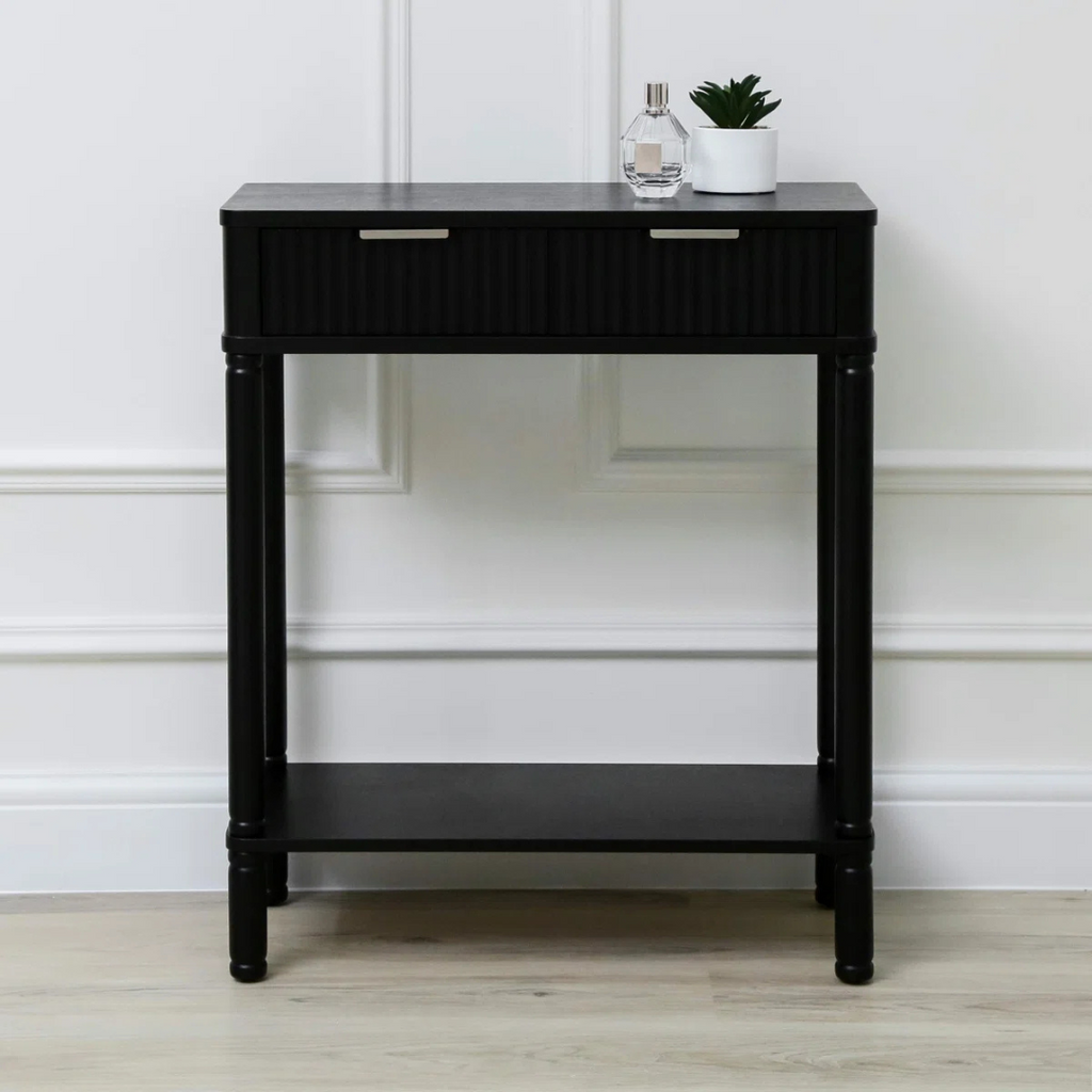 Black Traditional Hallway Table With Storage, model home, front view.
