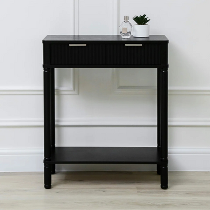 Black Traditional Hallway Table With Storage, model home, front view.