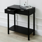 Black Traditional Hallway Table With Storage. angled view in model home.