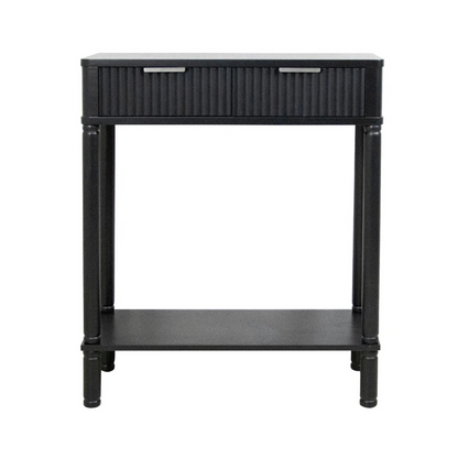 Black Traditional Hallway Table With Storage, white background, front view.