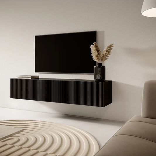 Black Wood Paneling Floating Wall Mounted TV Unit
