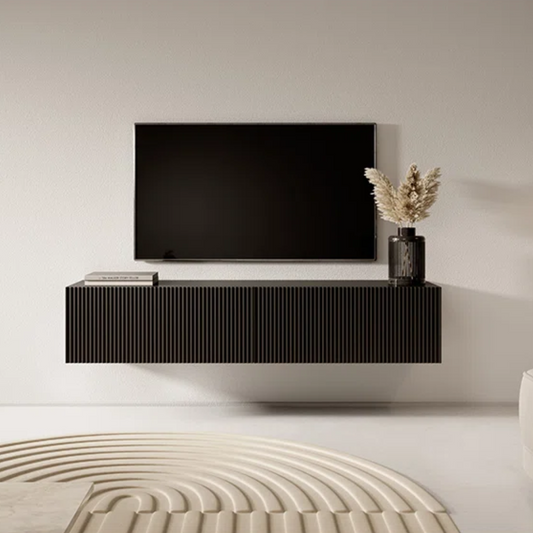 Black Wood Paneling Floating Wall Mounted TV Unit