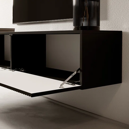 Black Wood Paneling Floating Wall Mounted TV Unit