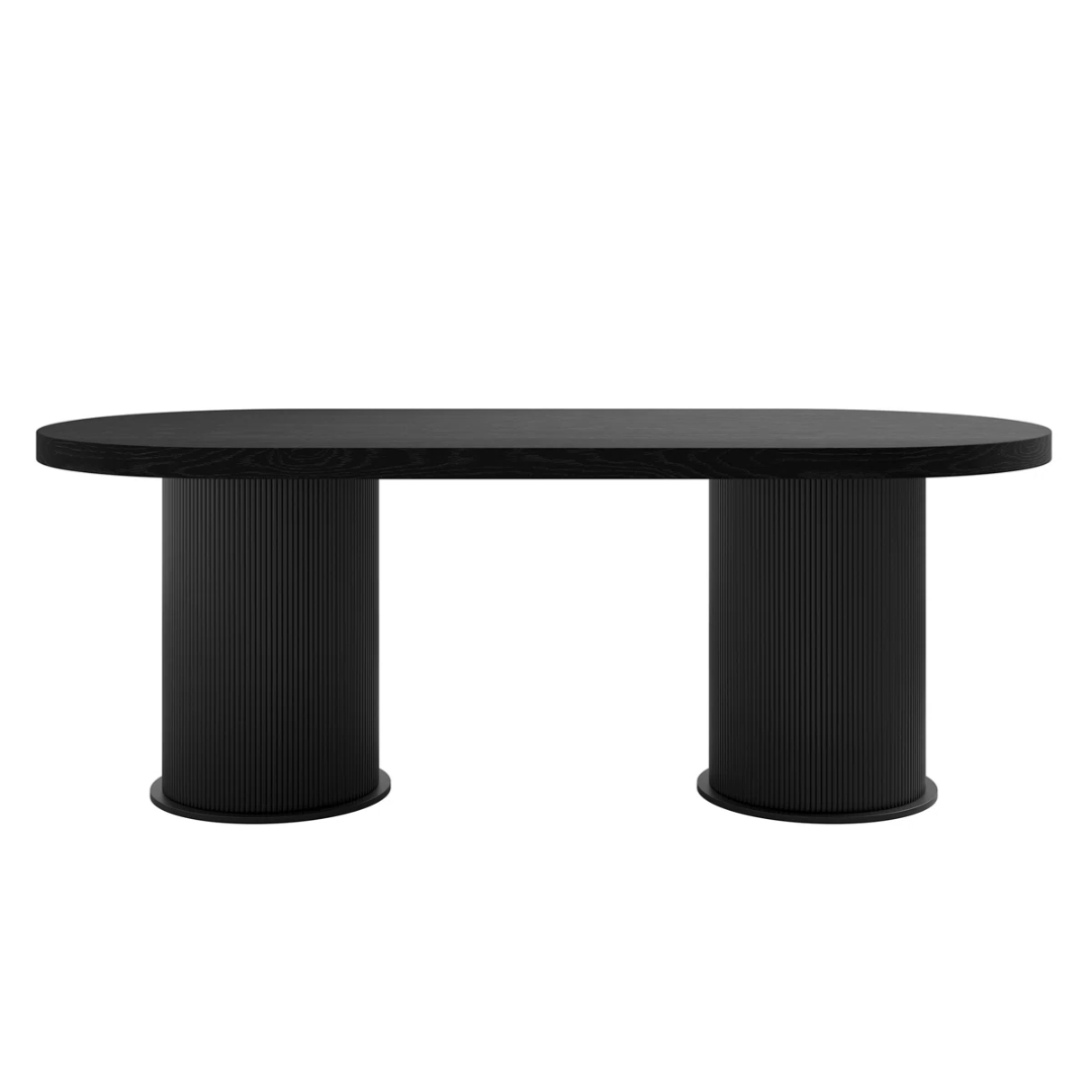 Black oval dining table on a white background