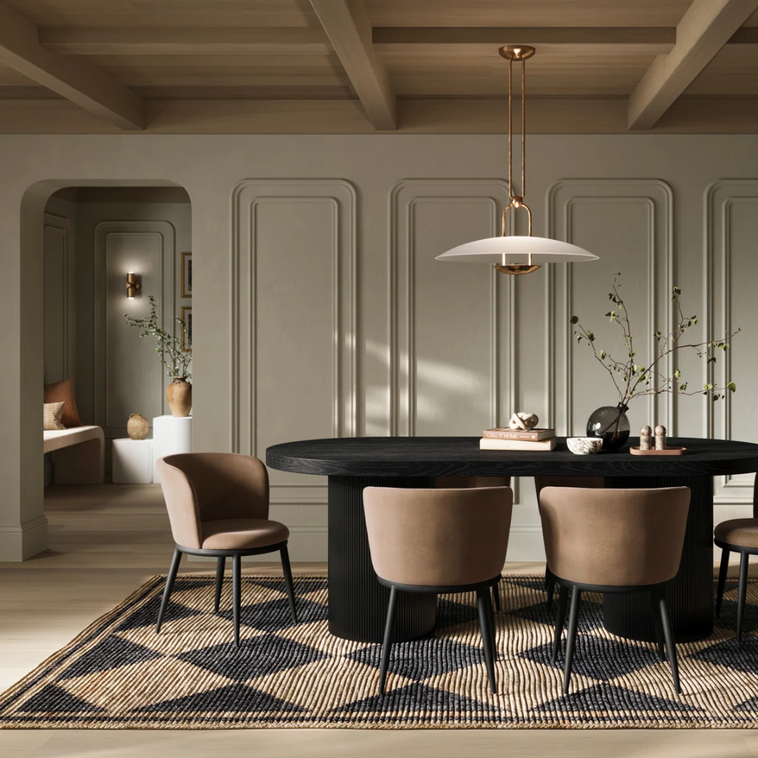Modern dining room with a black oval table and beige chairs.