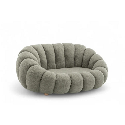 Boucle Sage Light Green Sofa, white background, angled view.