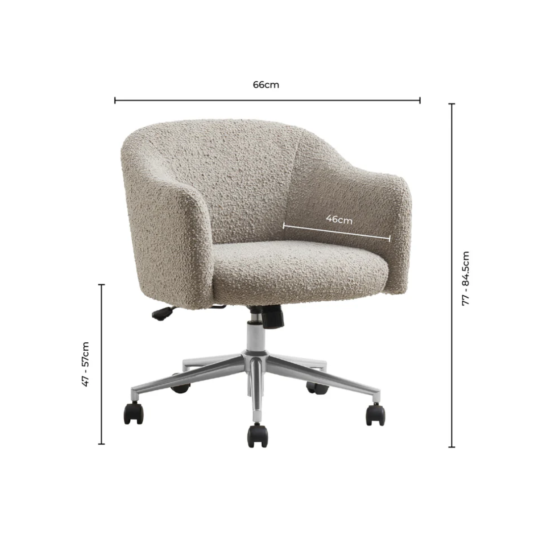 Beige office chair with dimensions labeled on a white background