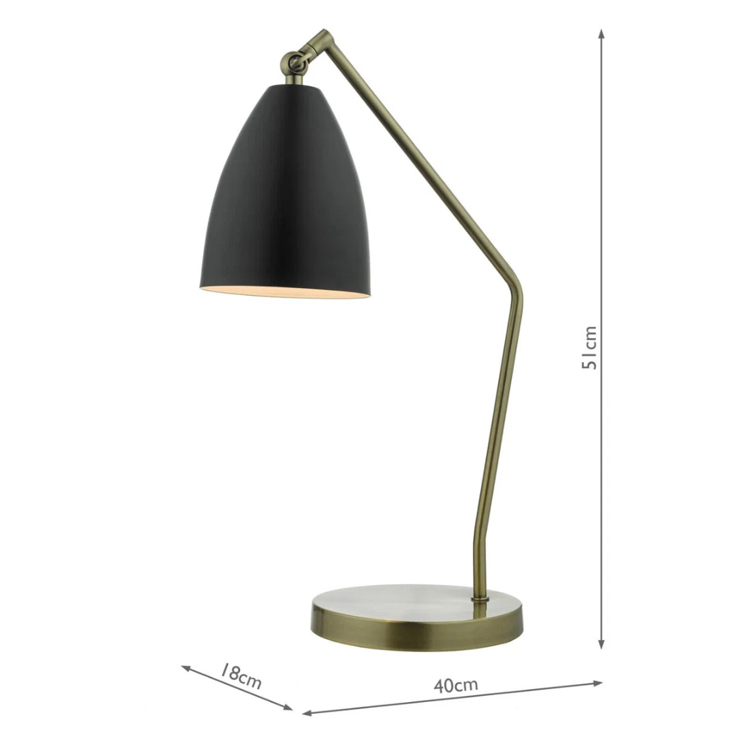 Table lamp with black shade and brass arm and base, dimensions shown.