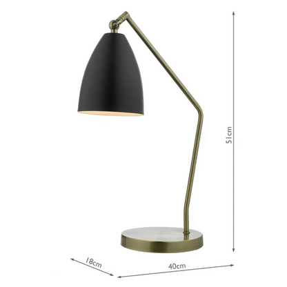 Table lamp with black shade and brass arm and base, dimensions shown.