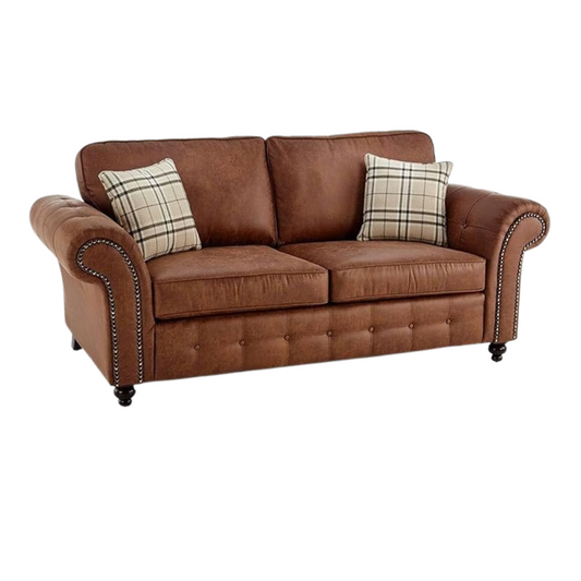 Brown sofa with plaid cushions on a white background