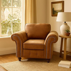 Brown armchair in a cozy living room with a lamp and window.