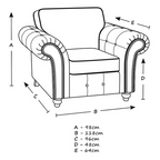 Measurement diagram of a upholstered armchair with dimensions labeled.