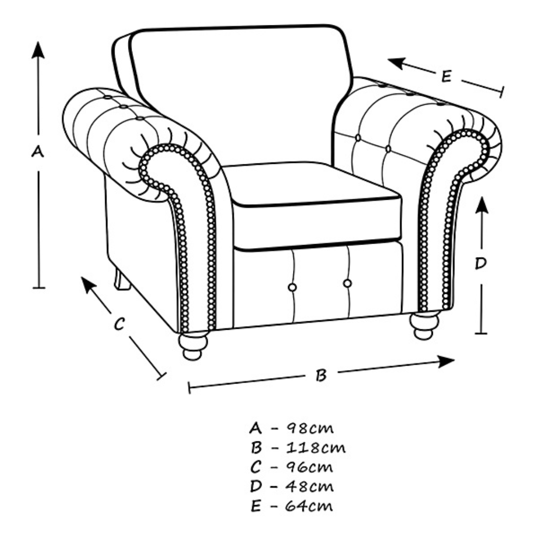 Measurement diagram of a upholstered armchair with dimensions labeled.
