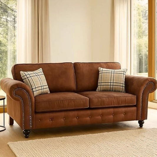 Brown Suede Leather Mid Century 3 Seater Sofa, set in a modern living room.