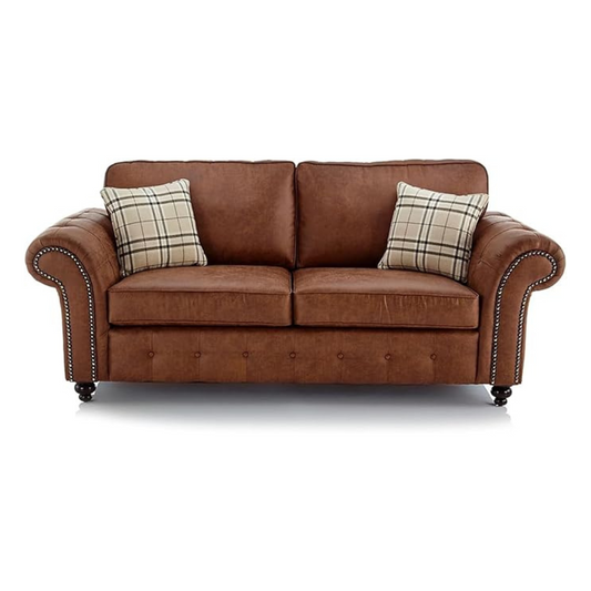 Brown Suede Leather Mid Century 3 Seater Sofa, set on a white background