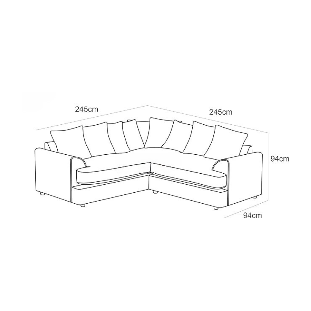 Line drawing of a sectional sofa with dimensions labeled