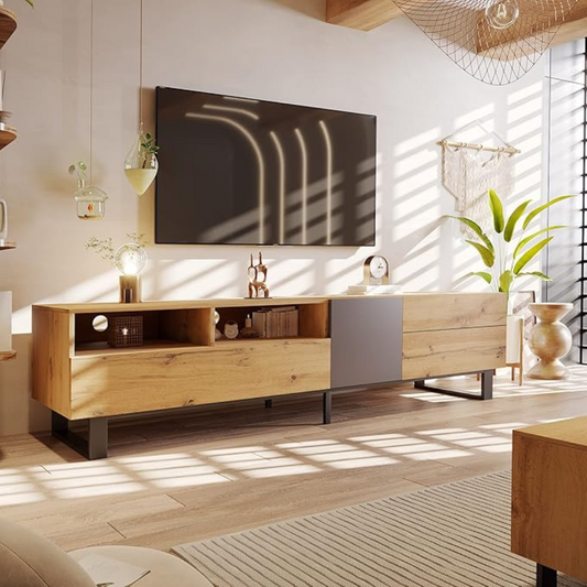 Brown TV Cabinet Modern, set in a well light modern living room.