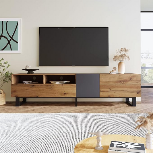 Brown TV Cabinet Modern, set in a modern living room, front view.