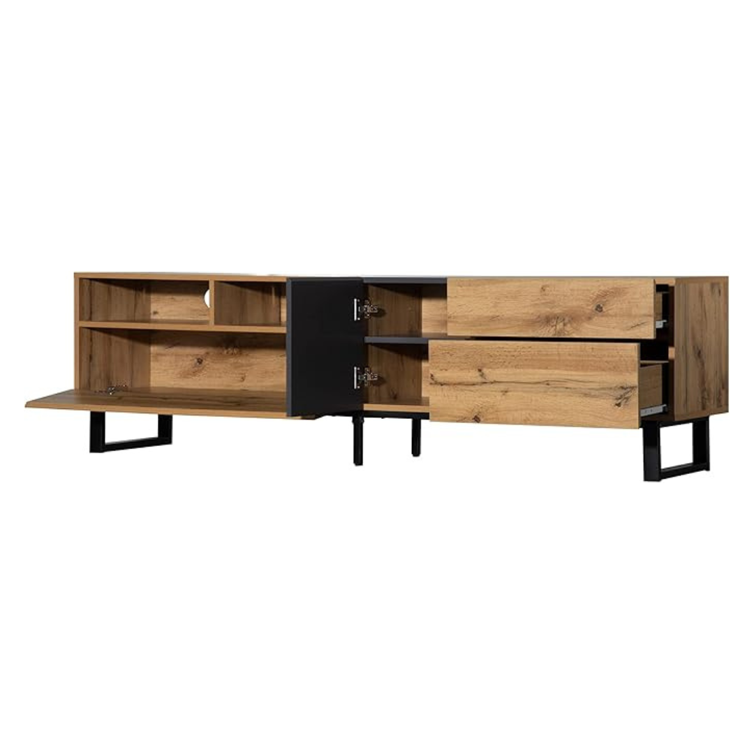 Brown TV Cabinet Modern, with drawers open.