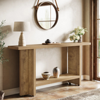 Chunky Wood Console Table. left angled view, in a model home.