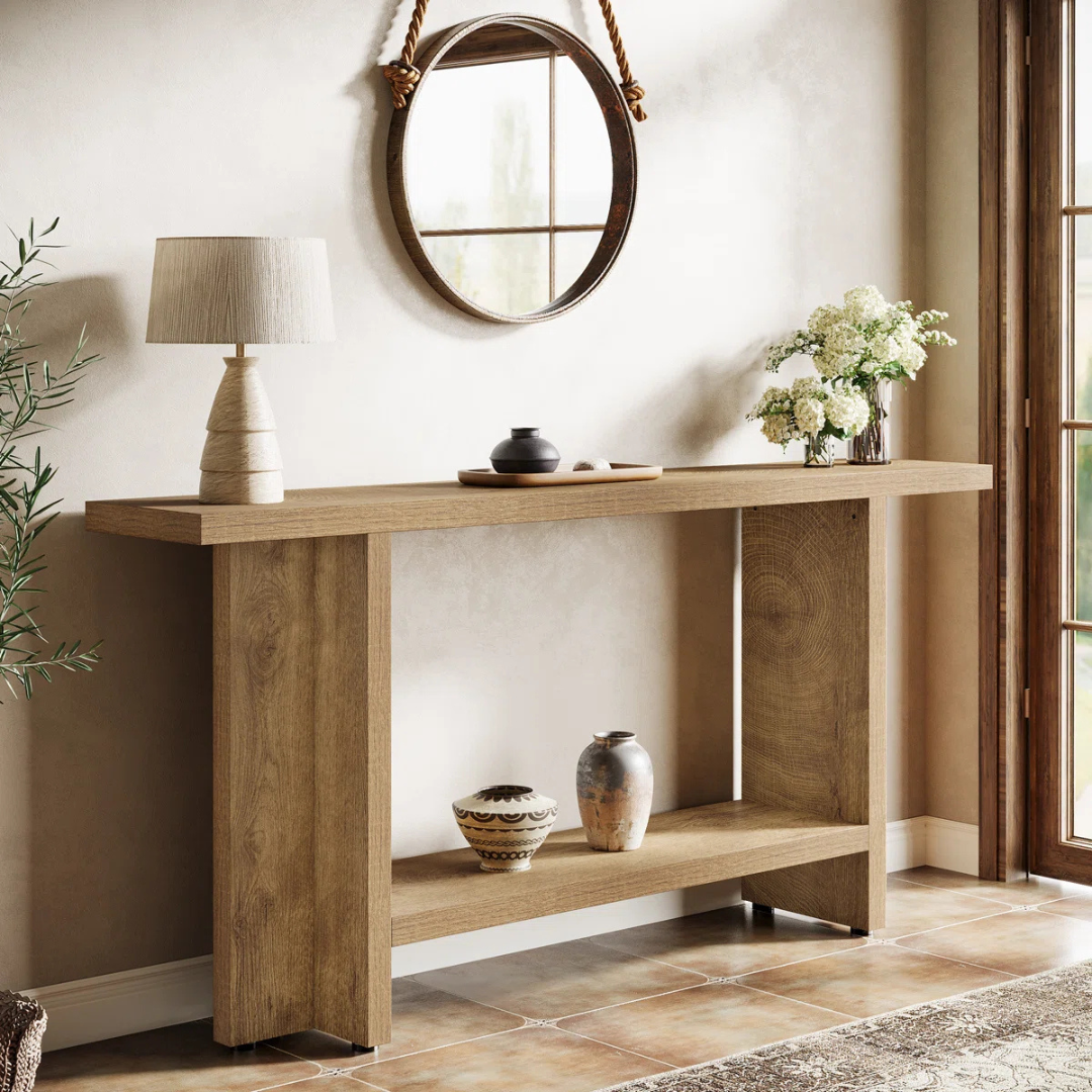 Chunky Wood Console Table. left angled view, in a model home.