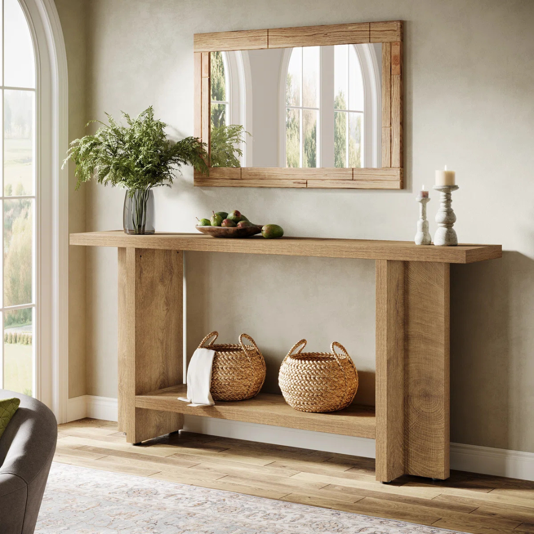 Chunky Wood Console Table, angled view in model home