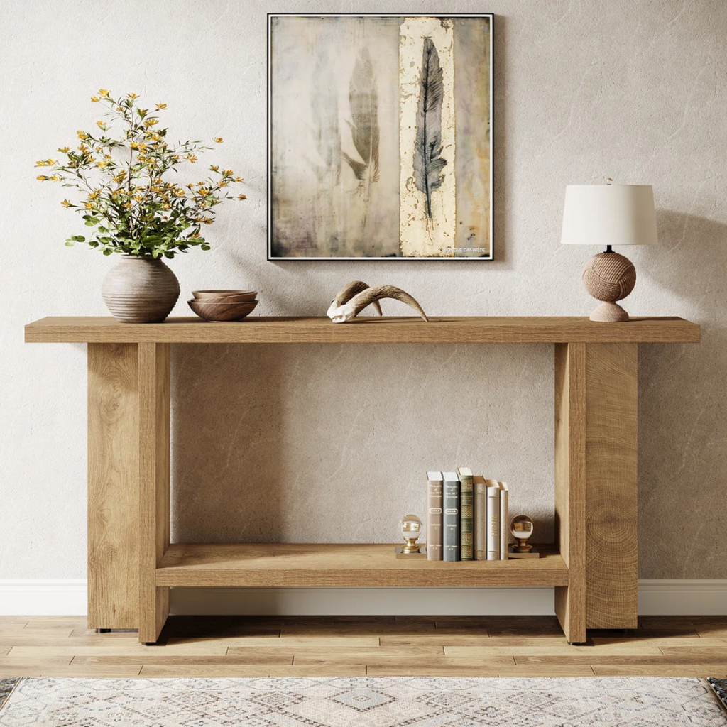 Chunky Wood Console Table, front view in model home.