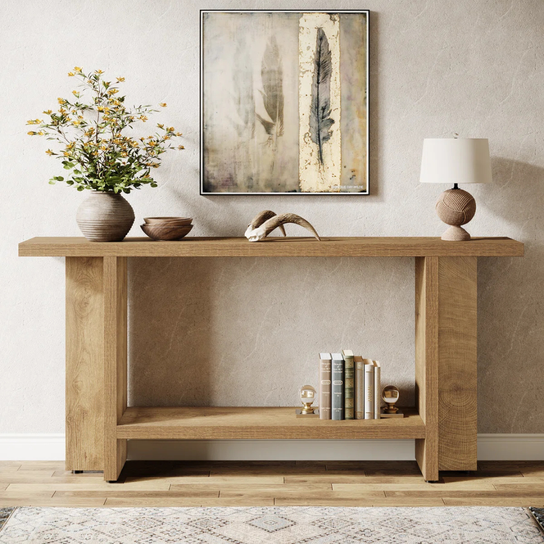 Chunky Wood Console Table, front view in model home.