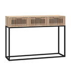 Contemporary Console Table With Drawers, white background.
