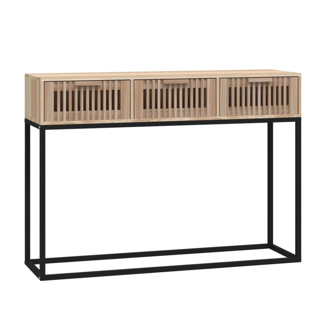 Contemporary Console Table With Drawers, white background.
