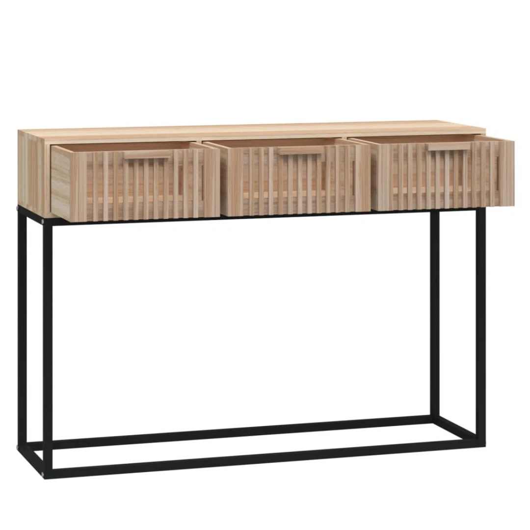 Contemporary Console Table With Drawers, white background, with drawers open.