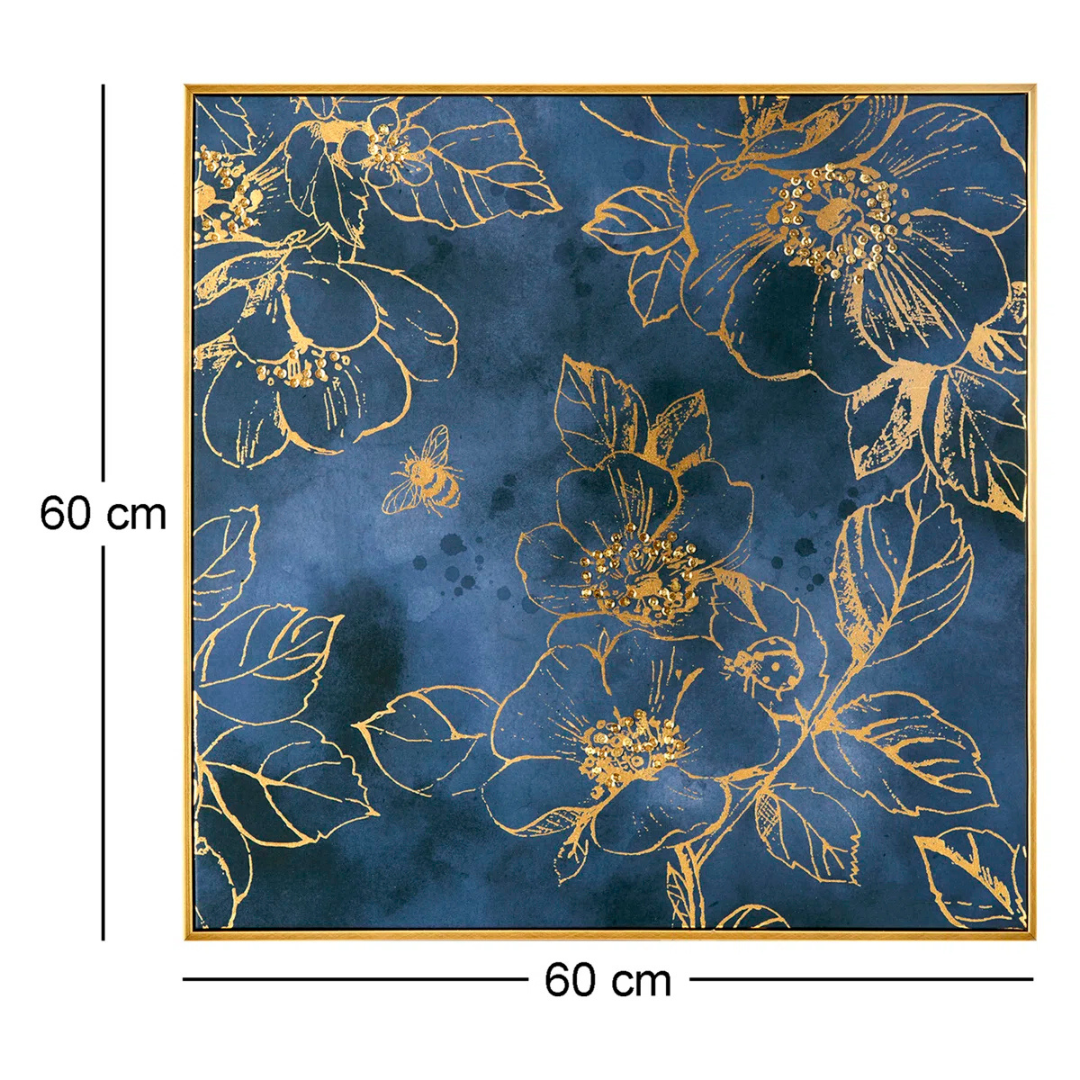 Floral design with gold flowers and leaves on a blue background, measuring 60 cm by 60 cm.