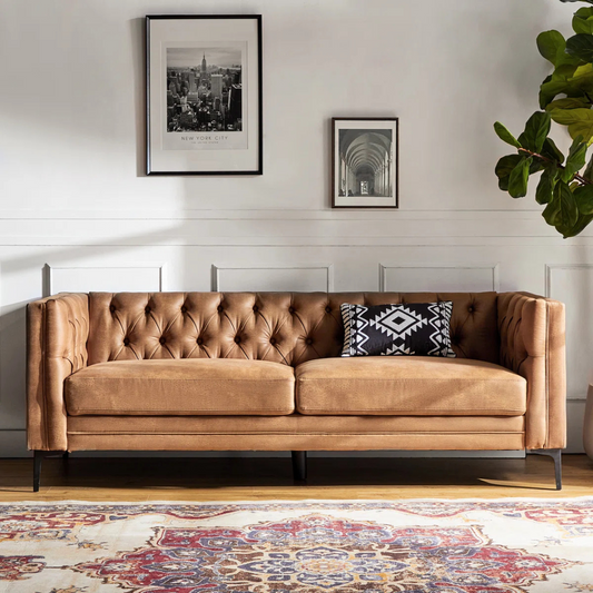 Contemporary Light Brown 3 Seater Sofa, front view in a model home.